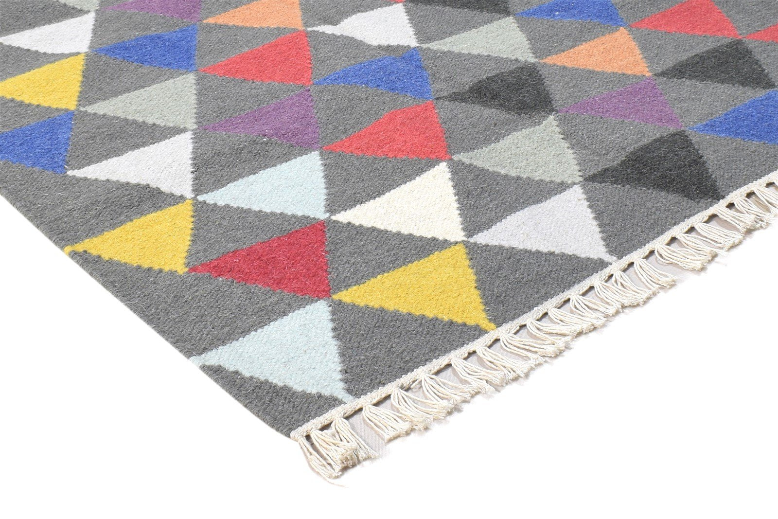 Wool Dark Grey Rug 3' X 5' Modern Dhurrie Bohemian Triangles Small Carpet 7864392122517