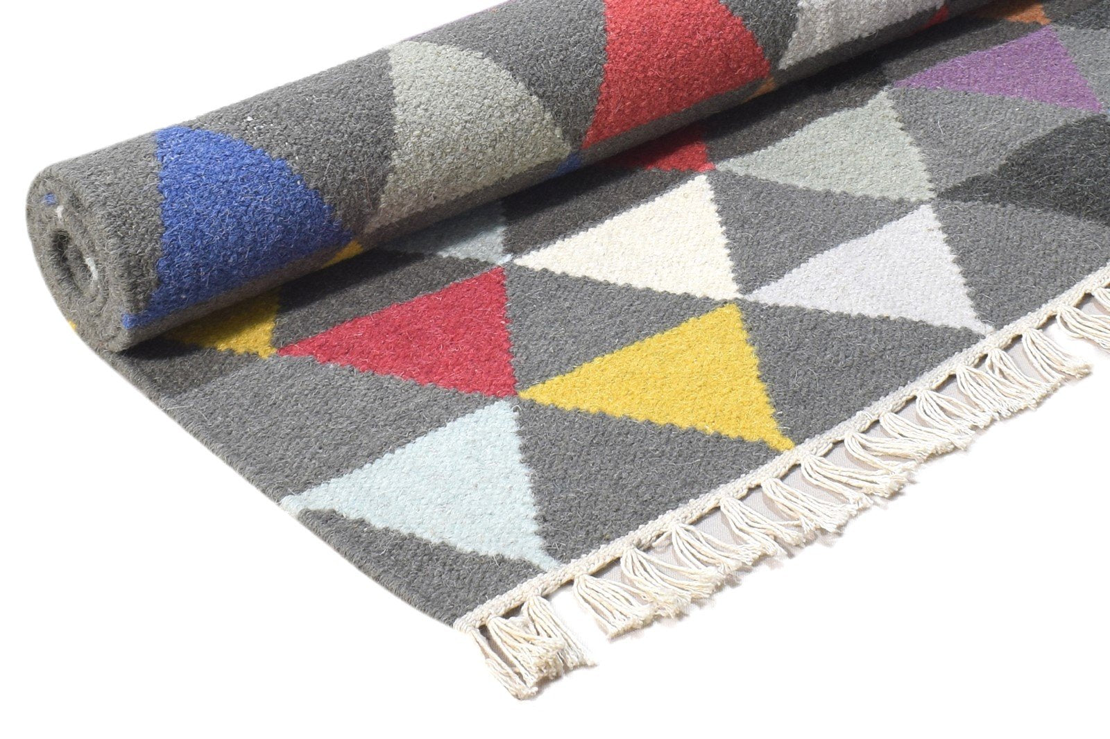 Wool Dark Grey Rug 3' X 5' Modern Dhurrie Bohemian Triangles Small Carpet 7864392122517