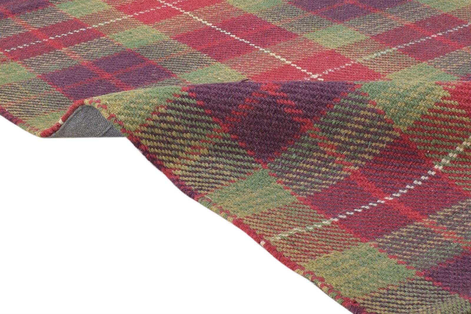 Wool Green Rug 2'6 X 8' Modern Dhurrie Scandinavian Plaids Small Runner 7864676515989