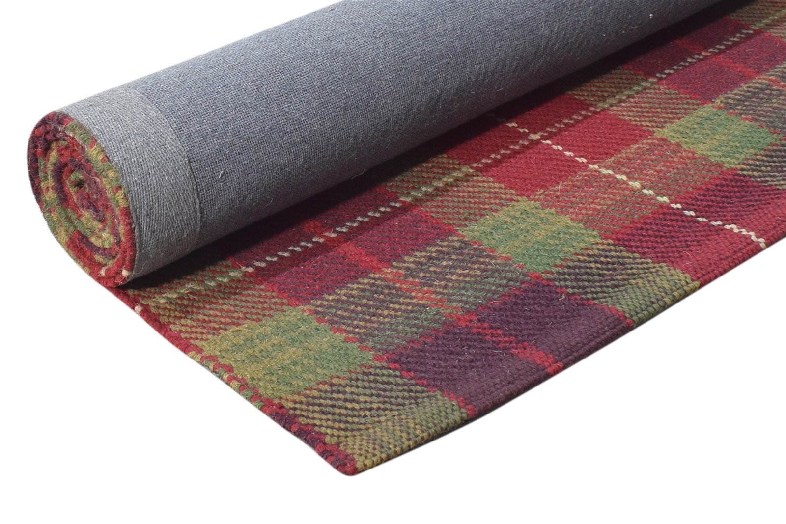 Wool Green Rug 2'6 X 8' Modern Dhurrie Scandinavian Plaids Small Runner 7864676515989