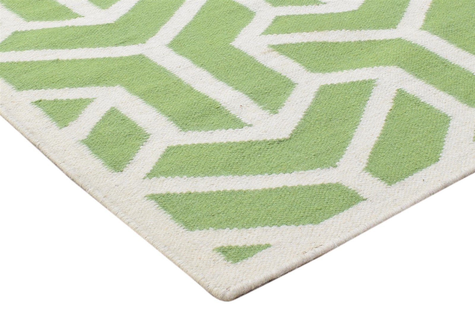 Wool Green Rug 4' X 6' Modern Dhurrie French Geometric Room Size Carpet 7864989810837