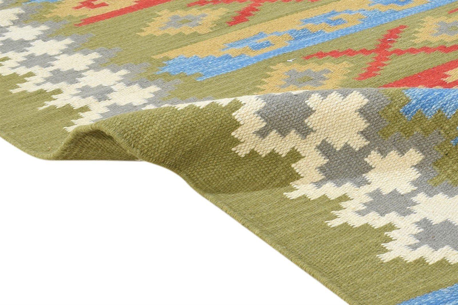 Wool Green Rug 4' X 6' Southwestern Dhurrie American Tribal Room Size Carpet 7865003507861