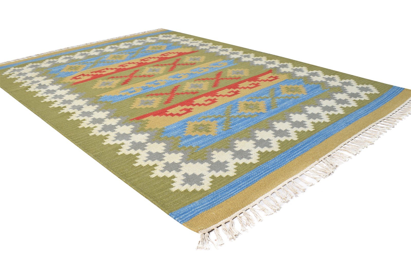 Wool Green Rug 4' X 6' Southwestern Dhurrie American Tribal Room Size Carpet 7865003507861