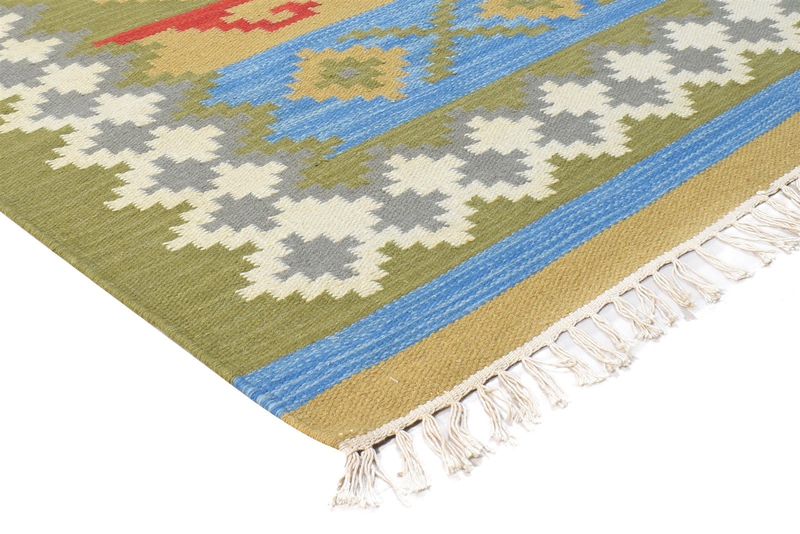 Wool Green Rug 4' X 6' Southwestern Dhurrie American Tribal Room Size Carpet 7865003507861