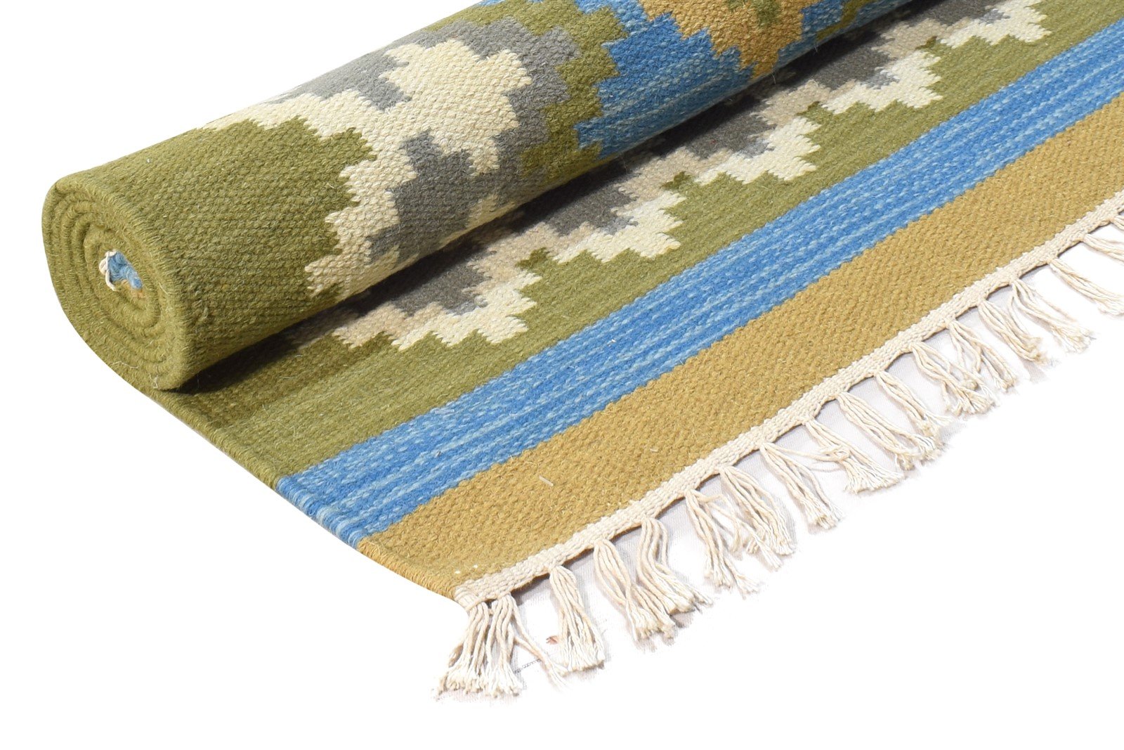 Wool Green Rug 4' X 6' Southwestern Dhurrie American Tribal Room Size Carpet 7865003507861