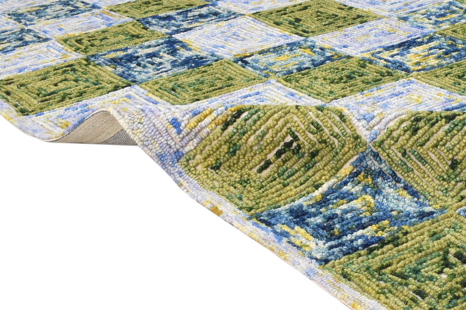 Wool Green Rug 5X8 Modern Hand Tufted Scandinavian Geometric Room Size Carpet 7865075138709