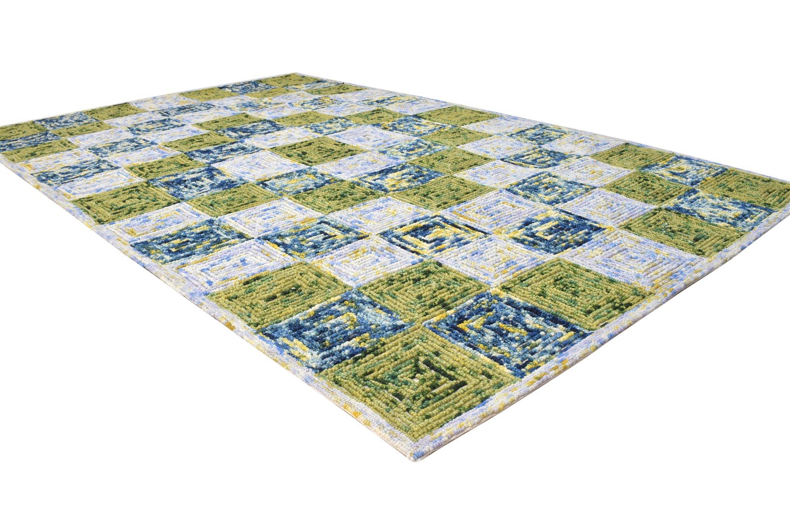 Wool Green Rug 5X8 Modern Hand Tufted Scandinavian Geometric Room Size Carpet 7865075138709