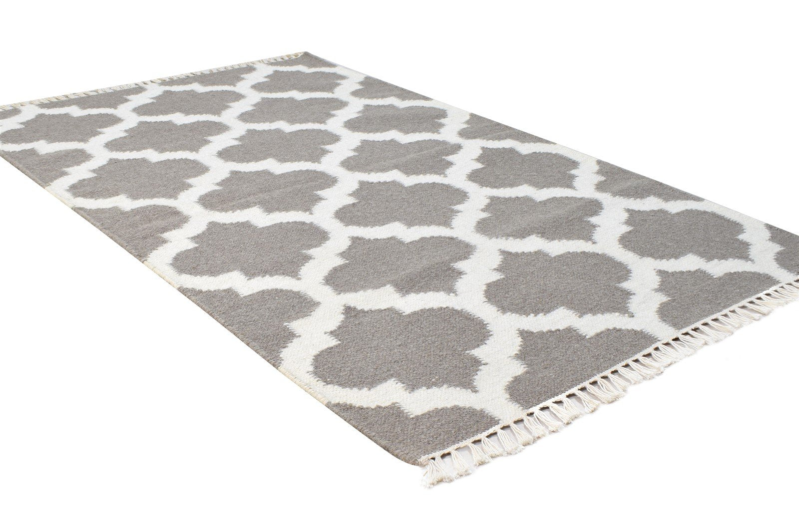 Wool Grey Rug 3' X 5' Modern Dhurrie Moroccan Scroll Tile Small Carpet 7865121636501