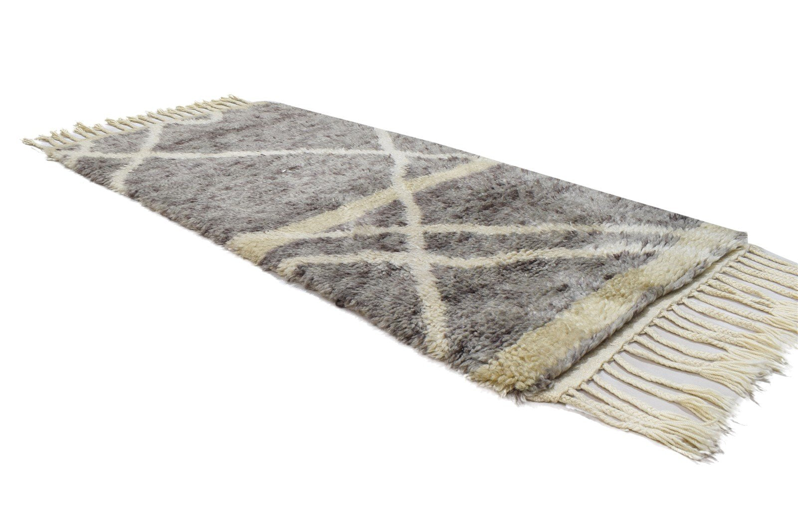 Wool Grey Rug 3' X 5' Shag Hand Knotted Moroccan Geometric Small Carpet 7864091443349