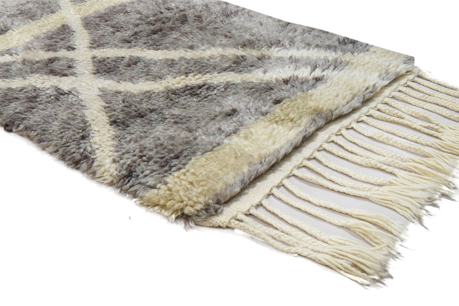 Wool Grey Rug 3' X 5' Shag Hand Knotted Moroccan Geometric Small Carpet 7864091443349