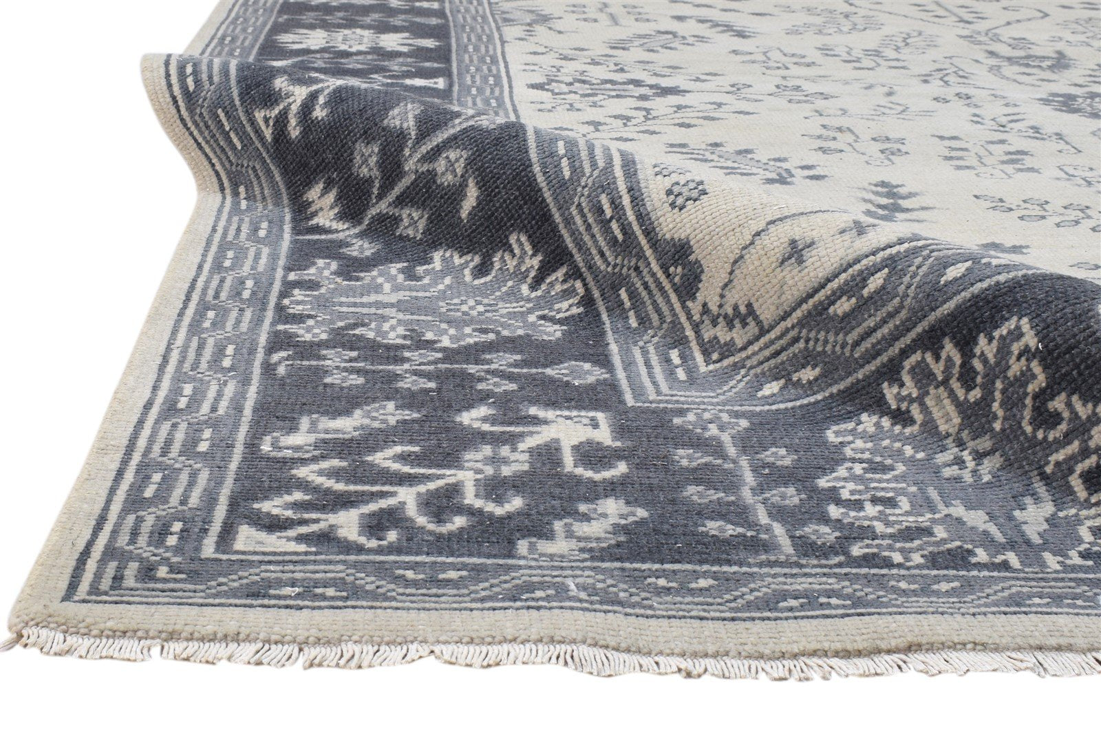 Wool Grey Rug 8' X 10' Persian Hand Knotted Sarouk-Indian Oriental Large Carpet 7860688060565