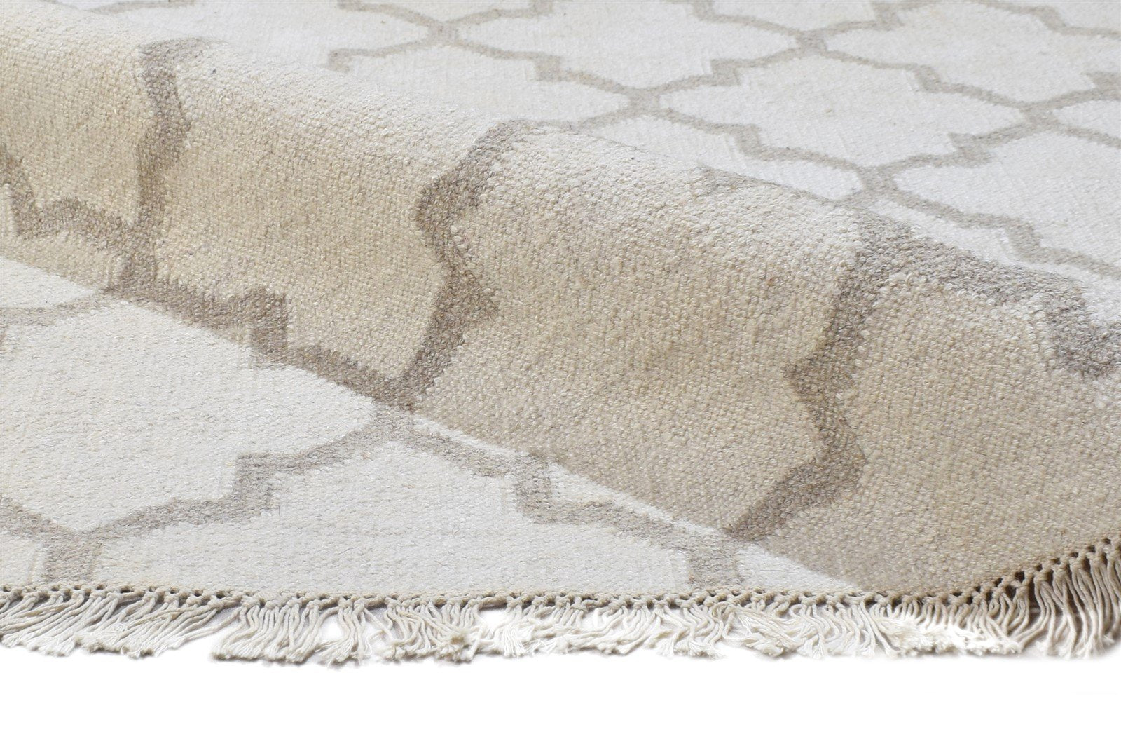 Wool Ivory Rug 8' X 10' Modern Dhurrie Scandinavian Scroll Tile Large Carpet 7864805621909