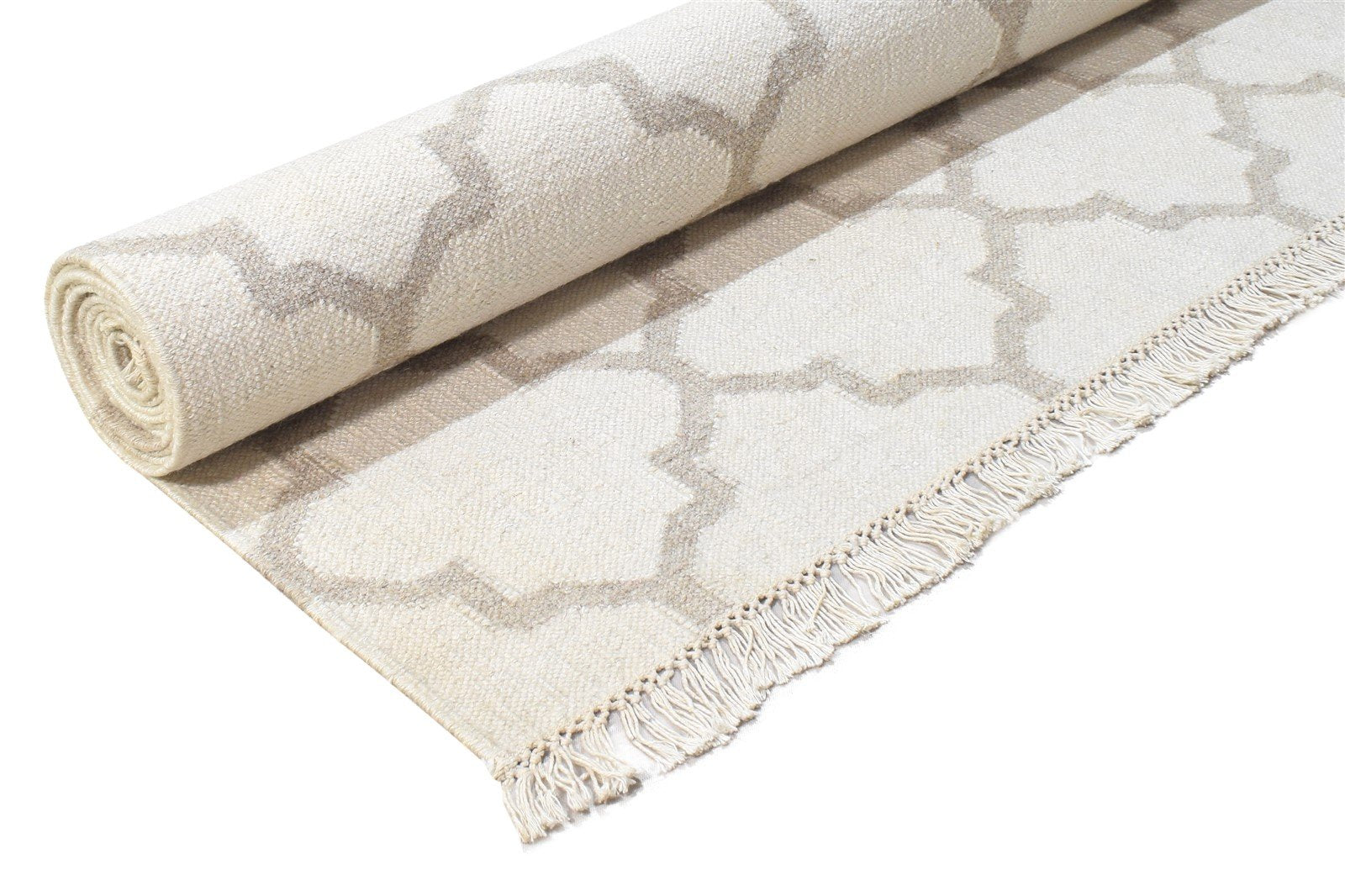 Wool Ivory Rug 8' X 10' Modern Dhurrie Scandinavian Scroll Tile Large Carpet 7864805621909