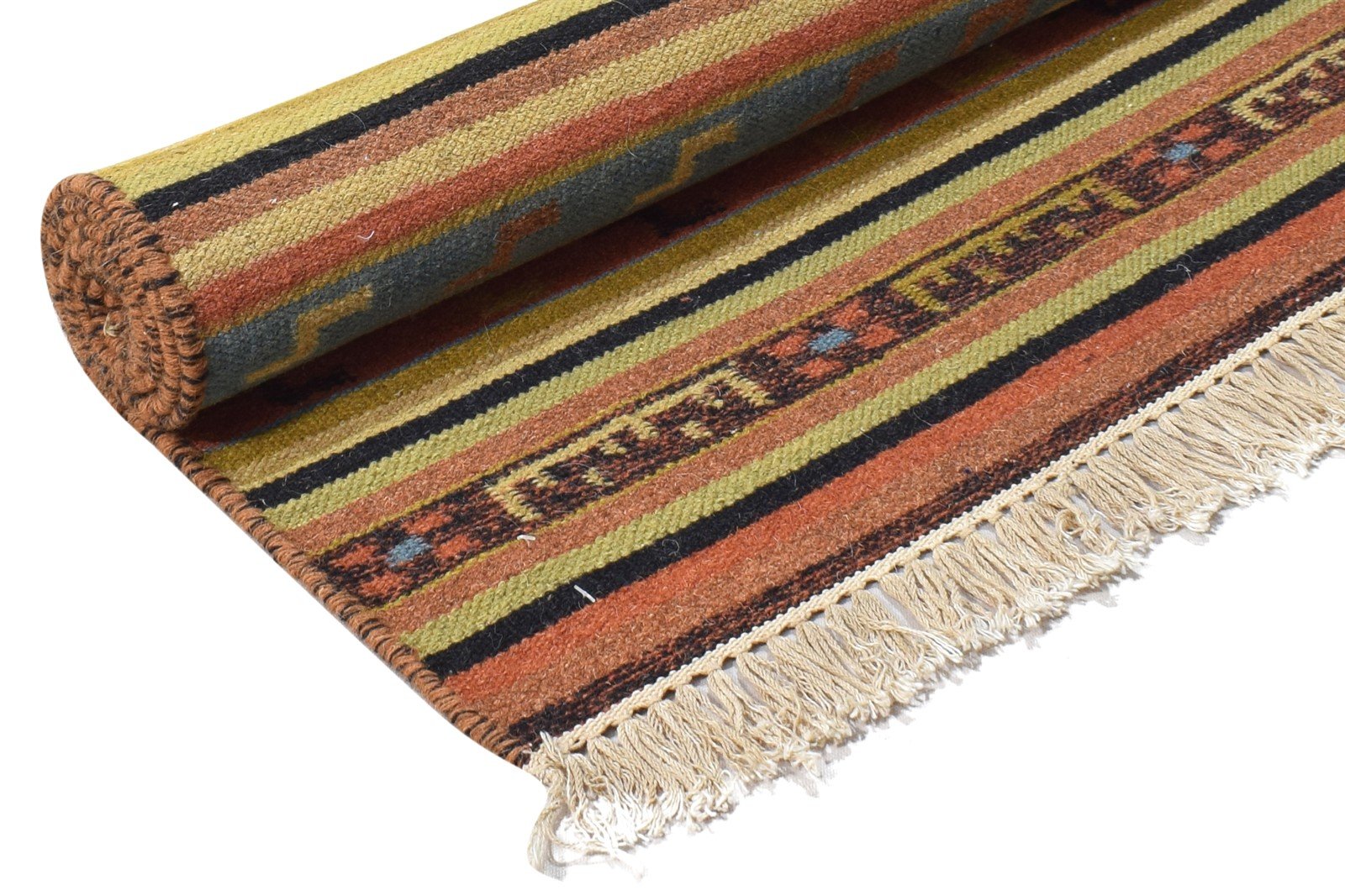 Wool Rust Rug 3' X 5' Modern Dhurrie Scandinavian Striped Room Size Carpet 7864989024405