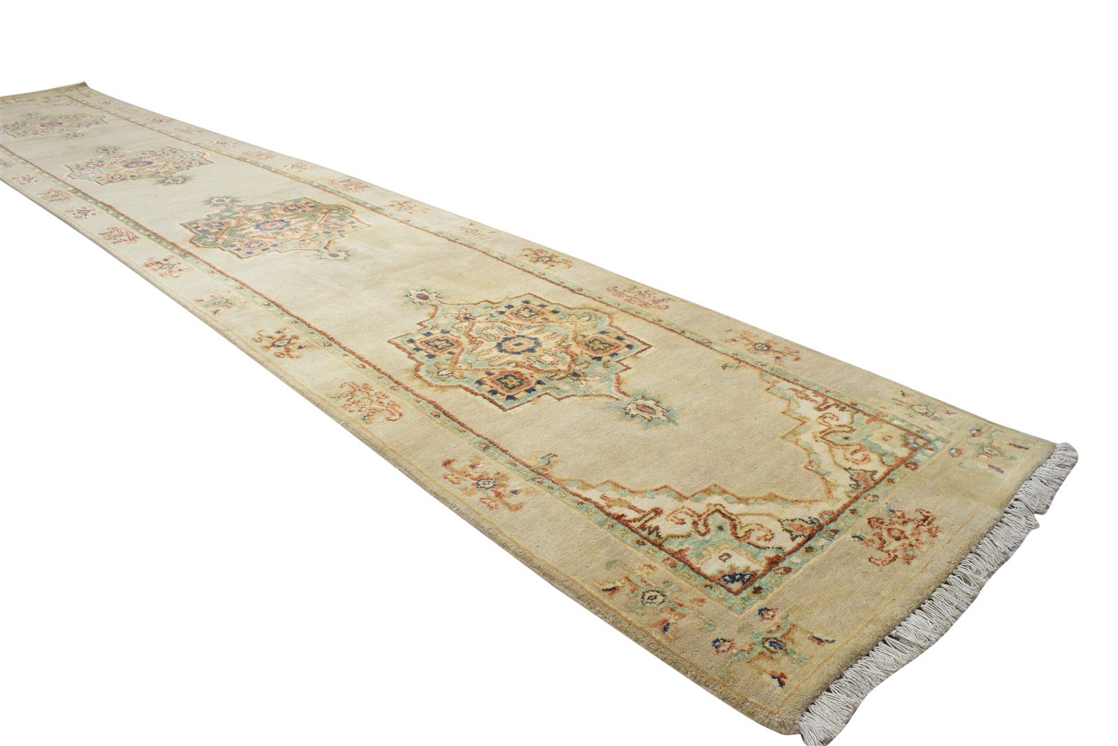 Wool / Silk Beige Rug 2X13 Persian Hand Knotted Oushak Oriental Small Runner 7864089149589