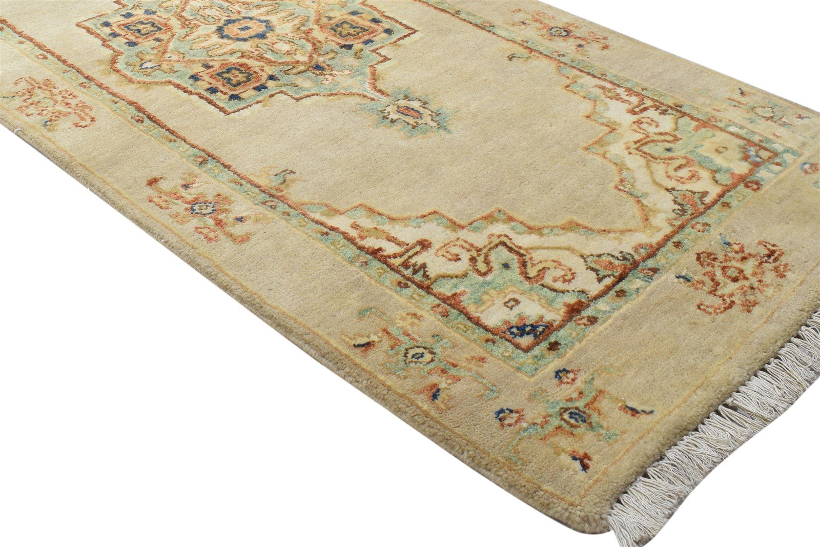 Wool / Silk Beige Rug 2X13 Persian Hand Knotted Oushak Oriental Small Runner 7864089149589