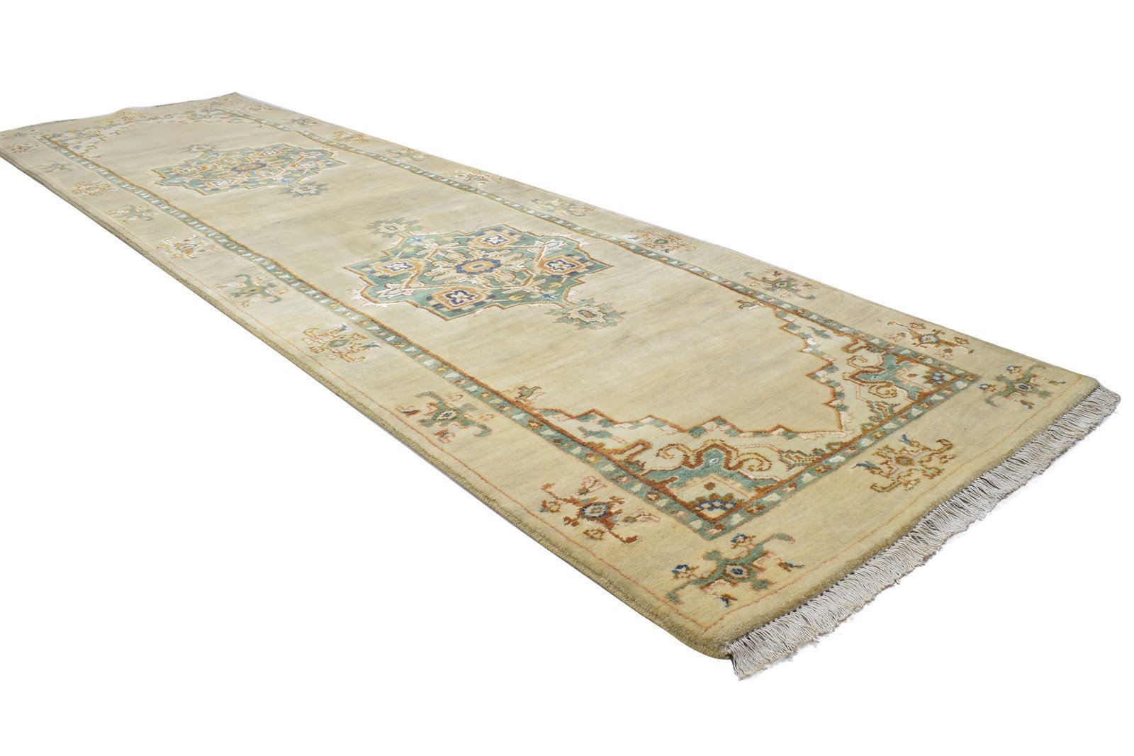 Wool / Silk Beige Rug 3' X 9' Persian Hand Knotted Oushak Oriental Small Runner 7864089575573