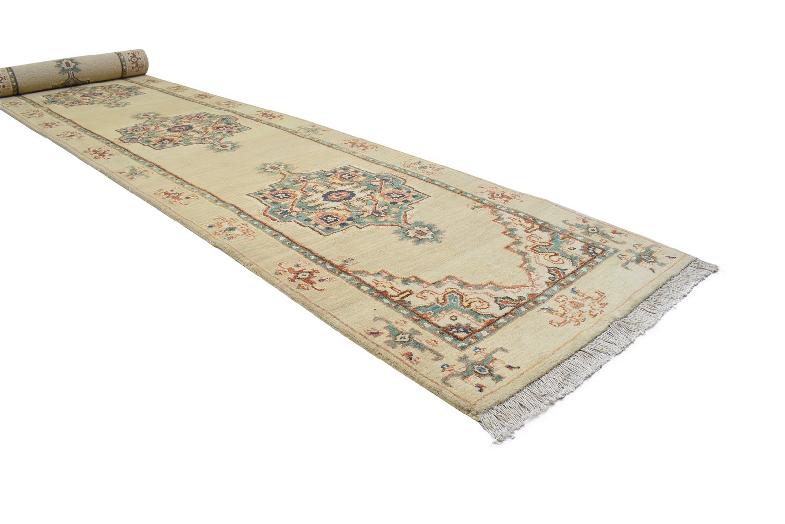 Wool / Silk Beige Rug 3X14 Persian Hand Knotted Oushak Oriental Small Runner 7864089280661