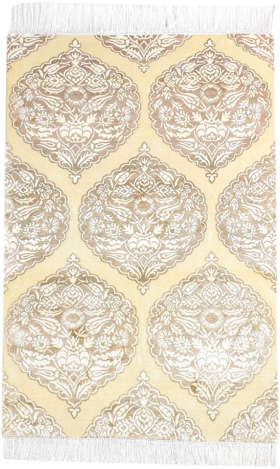 Wool / Silk Beige Rug 4X6 Transitional Hand Knotted Moroccan Damask Room Size 7865129369749