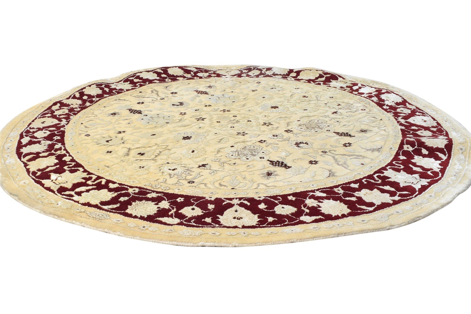 Wool / Silk Beige Rug 5X5 Persien Hand Knotted Kashan Oriental Room Size Round 7865142083733