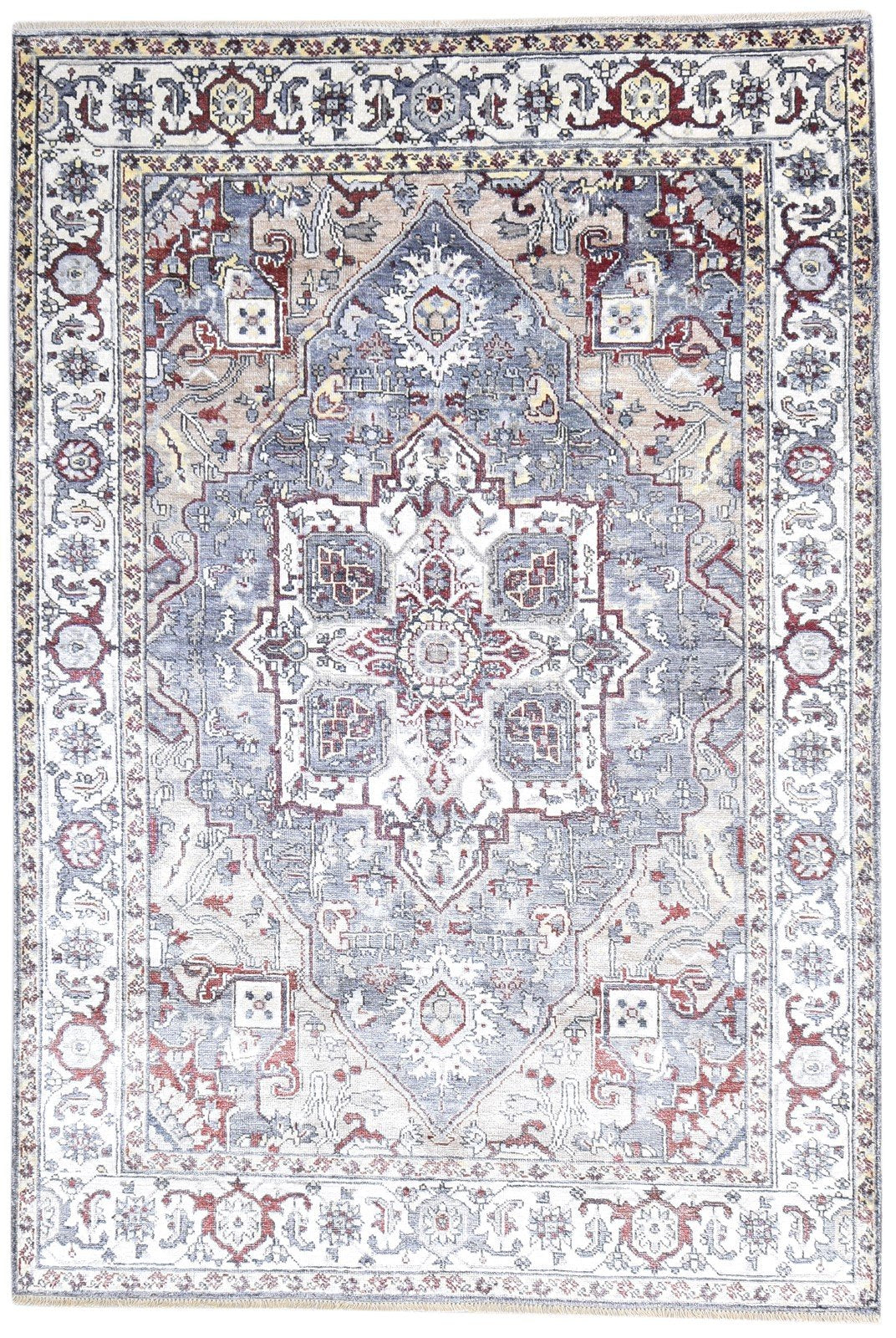 Wool / Silk Beige Rug 6X9 Persian Hand Knotted Heriz-Indian Oriental Room Size 7864999379093