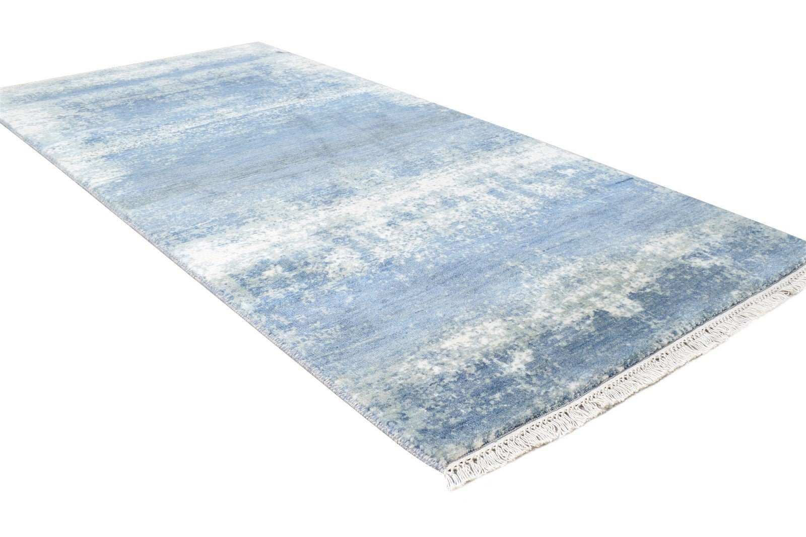 Wool / Silk Blue Rug 3' X 6' Modern Hand Knotted Indian Abstract Small Carpet 7864594137237