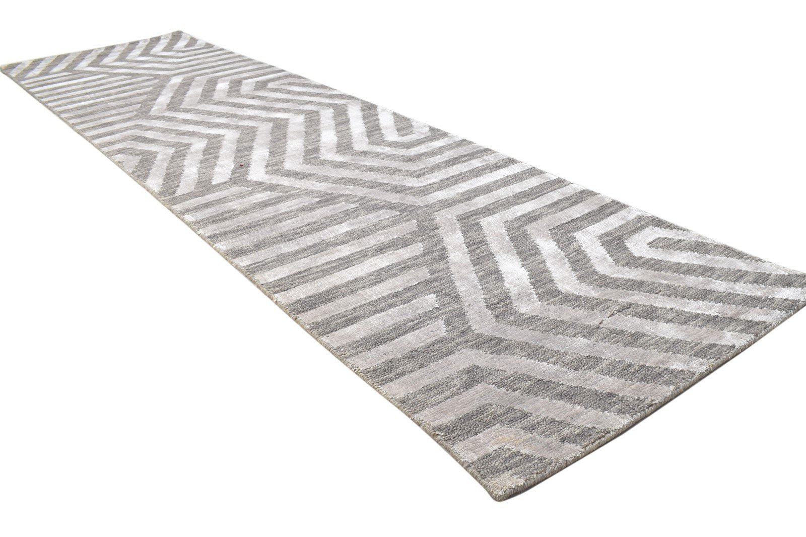 Wool Silk Brown Rug 2X8 Modern Jacquard Loom Scandinavian Geometric Small 7864147771541
