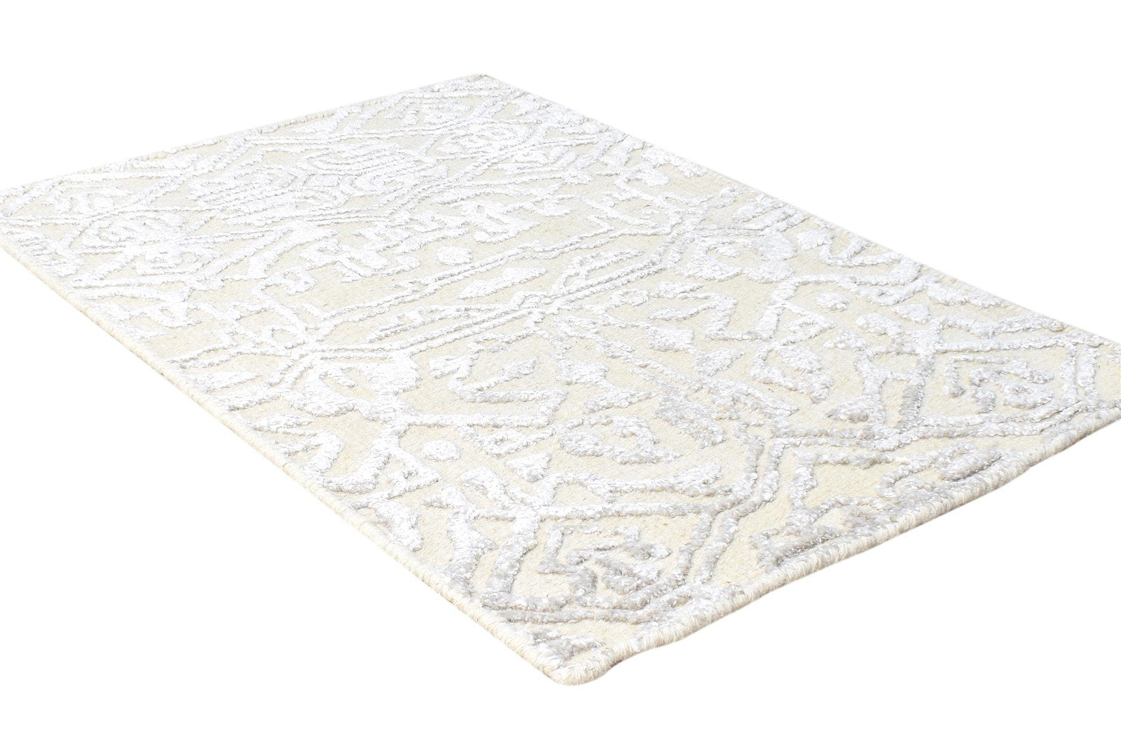 Wool Silk Cream Rug 2X3 Modern Hand Knotted Scandinavian Nordic Small Carpet 7865123176597