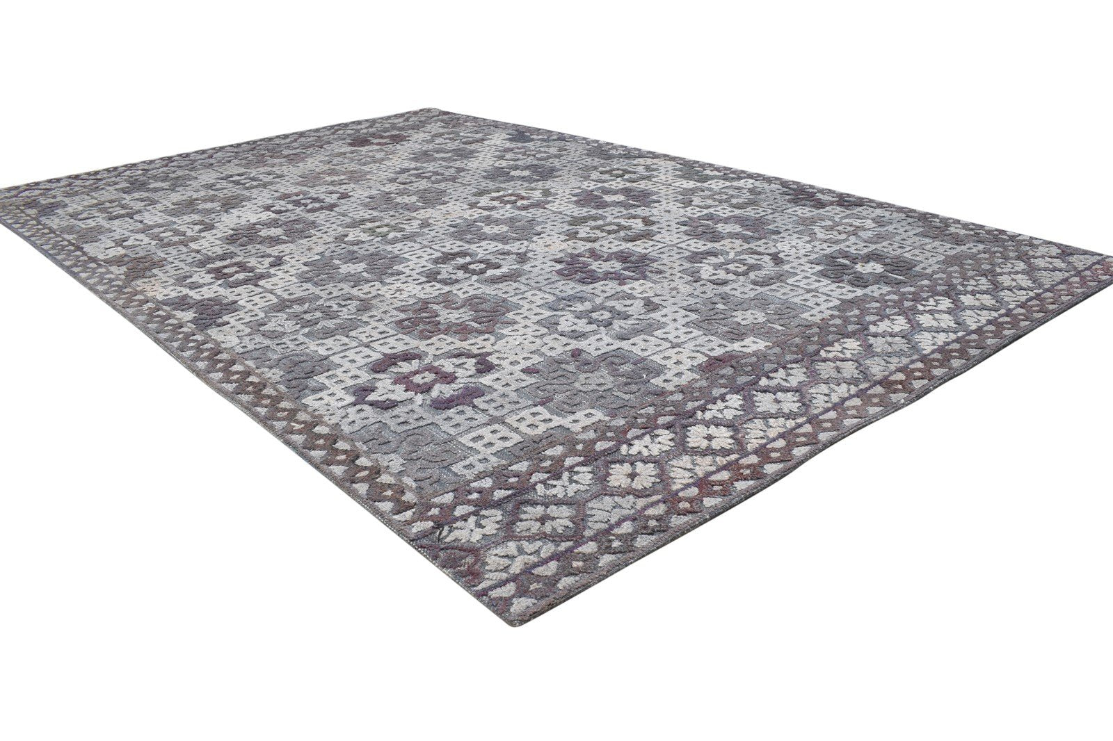Wool Silk Dark Grey Rug 5X8 Modern Hand Tufted Scandinavian Geometric Room Size 7864329109653