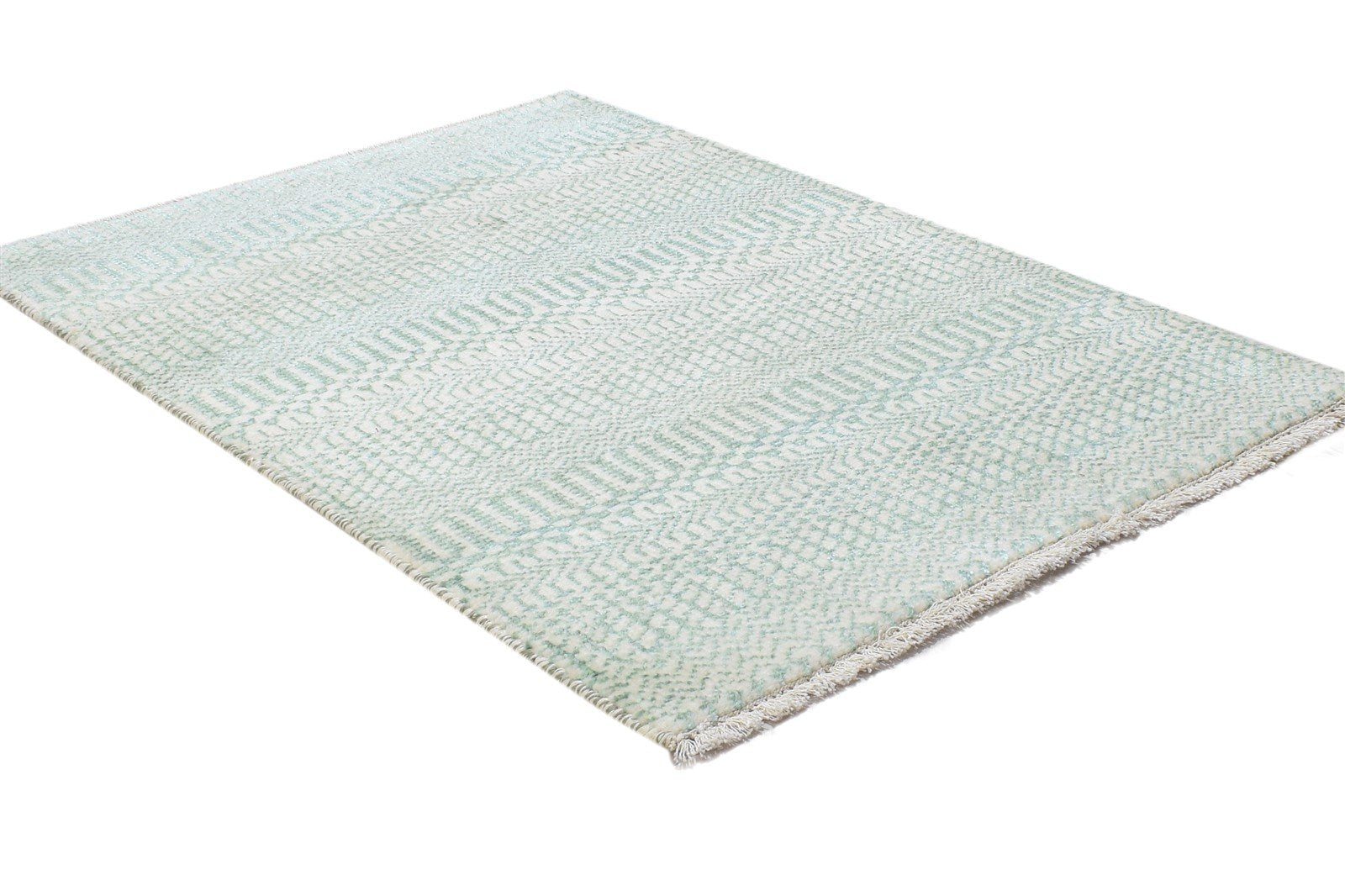 Wool / Silk Green Rug 2X3 Modern Hand Knotted Scandinavian Grass Trellis Small 7864217043093