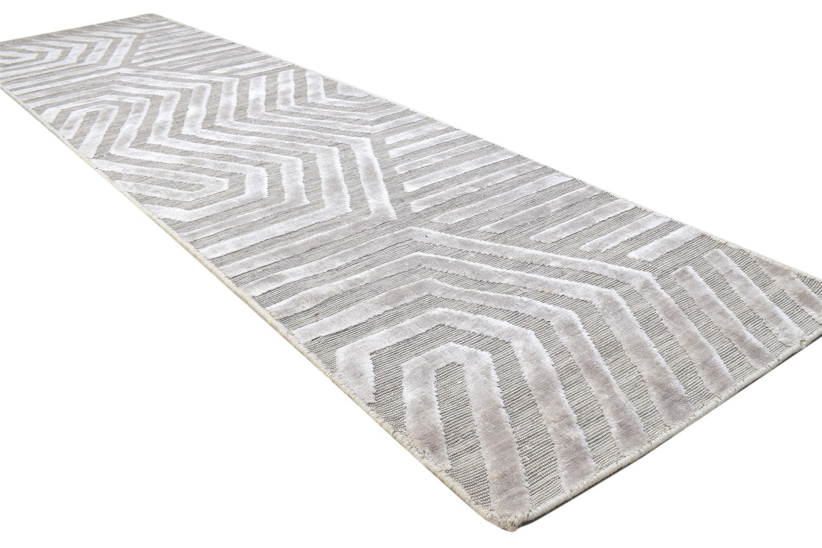 Wool Silk Grey Rug 2X8 Modern Jacquard Loom Scandinavian Geometric Small Runner 7864147050645