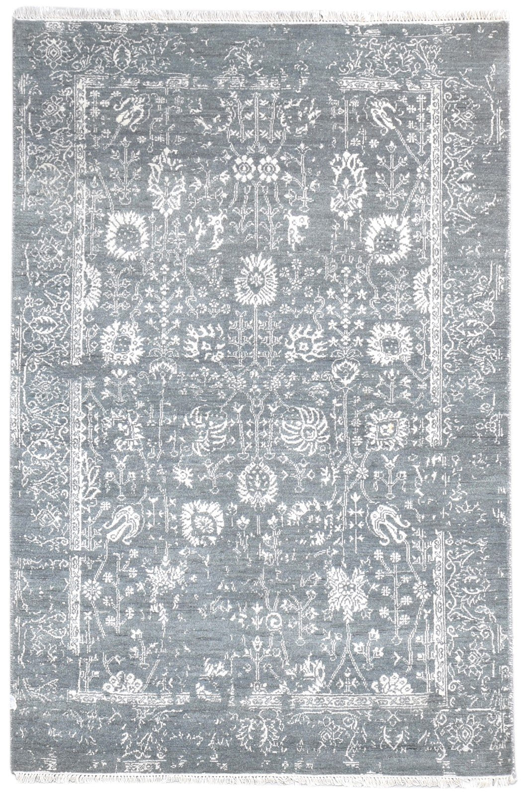 Wool / Silk Grey Rug 4X6 Modern Hand Knotted Oushak Abstract Room Size Carpet 7865148145813