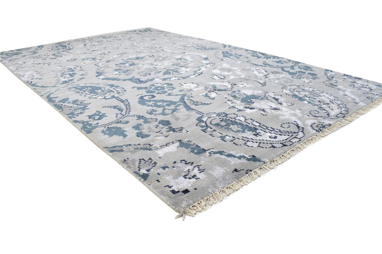 Wool / Silk Grey Rug 5X8 Modern Hand Knotted Indian Paisley Room Size Carpet 7864512250005