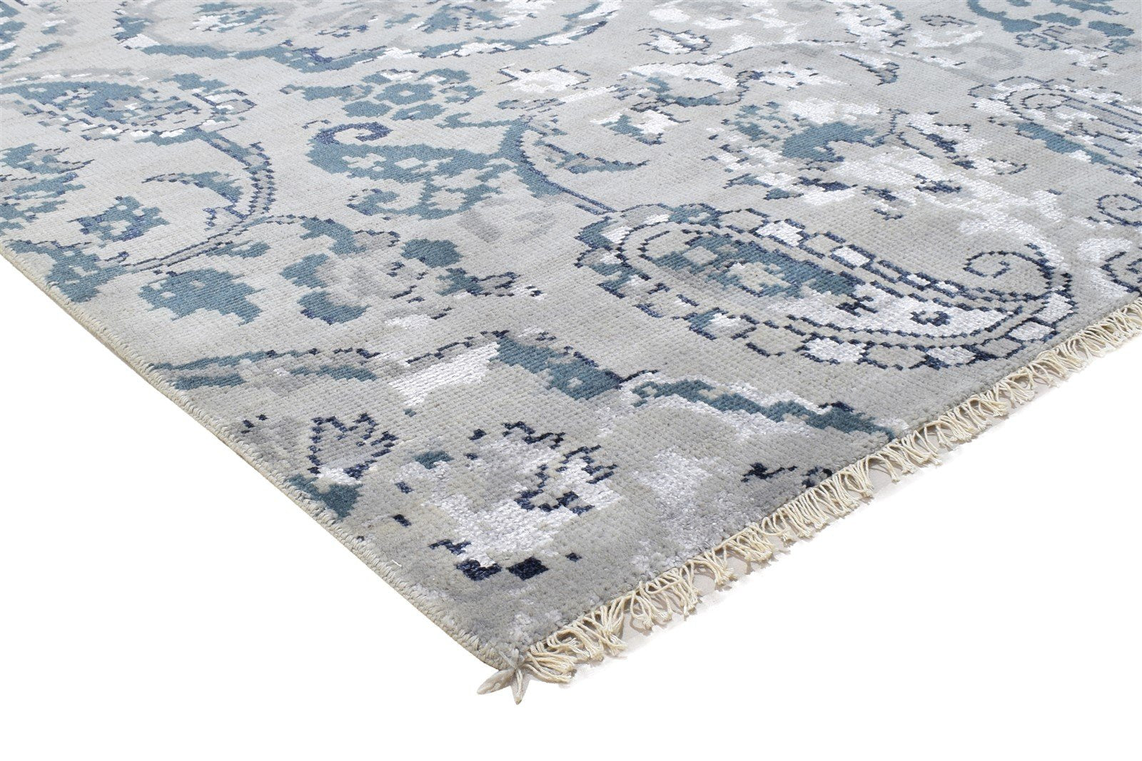 Wool / Silk Grey Rug 5X8 Modern Hand Knotted Indian Paisley Room Size Carpet 7864512250005