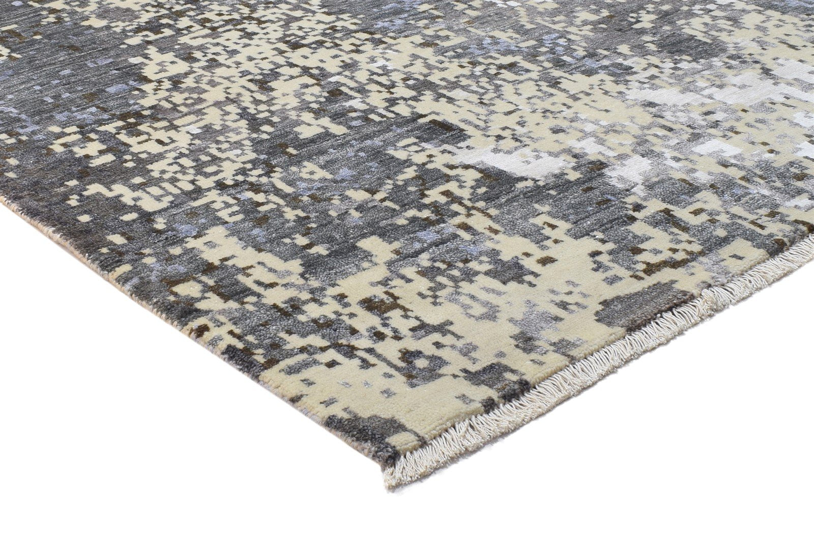 Wool / Silk Grey Rug 8' X 10' Modern Hand Knotted Indian Abstract Large Carpet 7864325210261