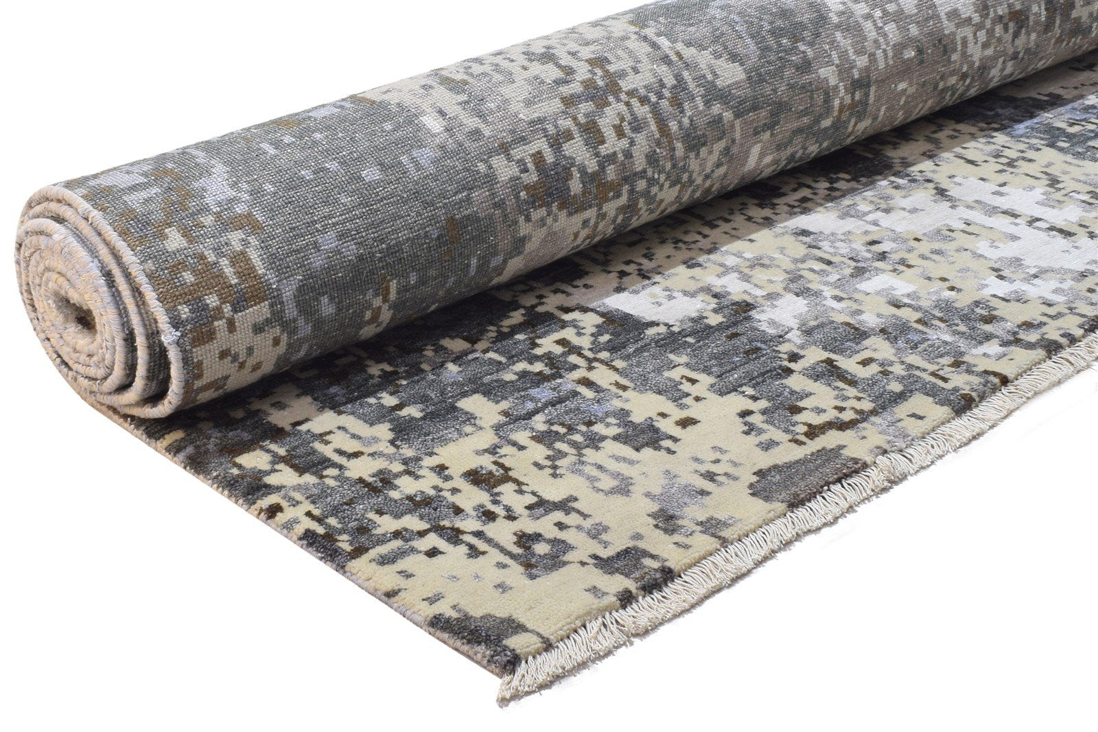 Wool / Silk Grey Rug 8' X 10' Modern Hand Knotted Indian Abstract Large Carpet 7864325210261