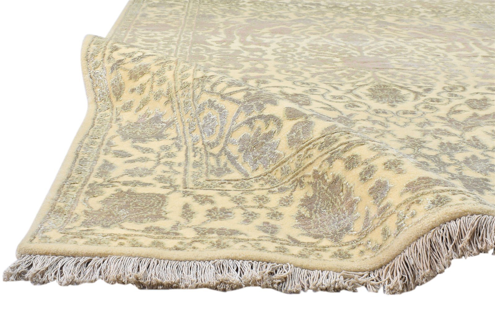 Wool Silk Ivory Persian Hand Knotted Kashan Oriental Carpet 7860692811925