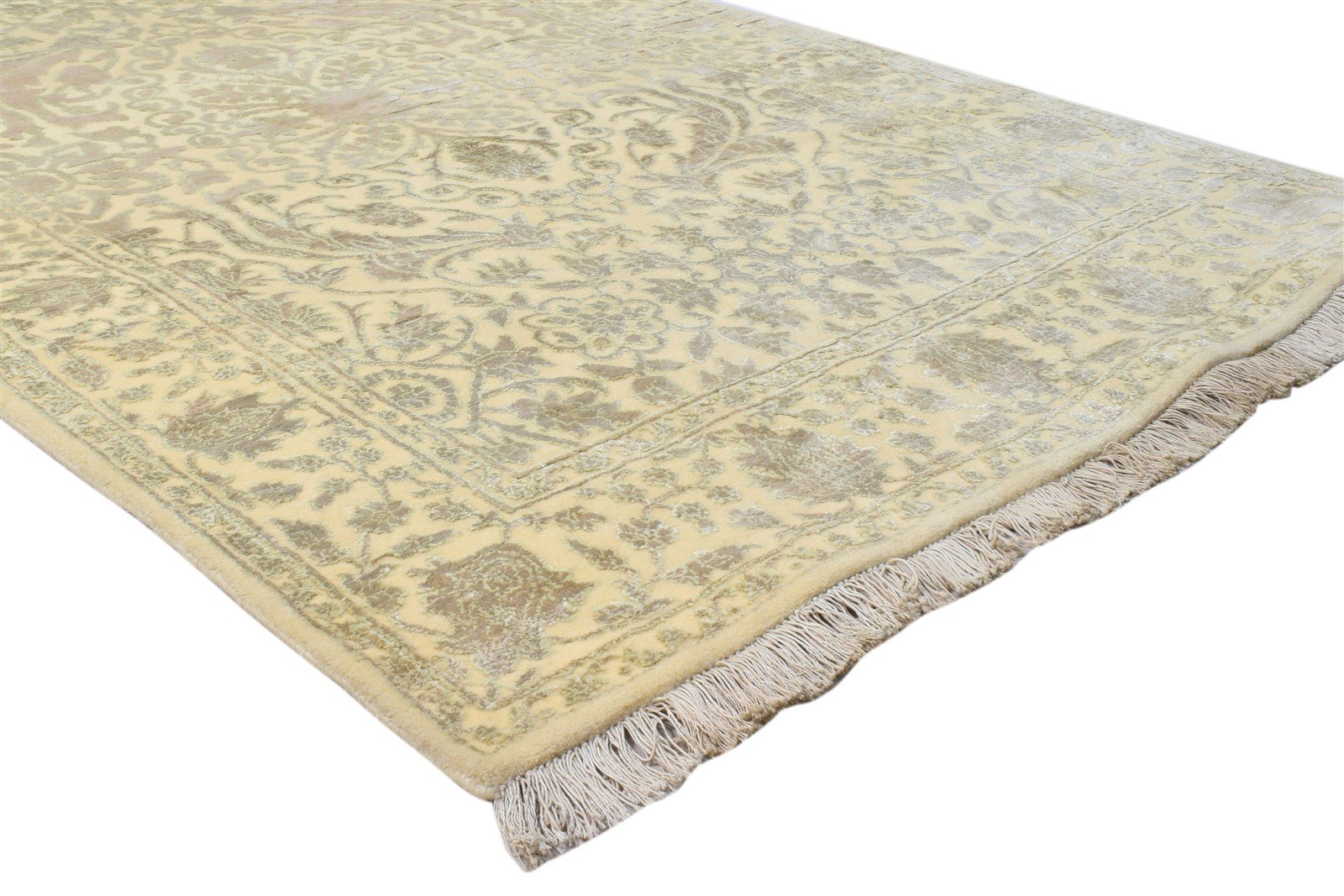 Wool Silk Ivory Persian Hand Knotted Kashan Oriental Carpet 7860692811925