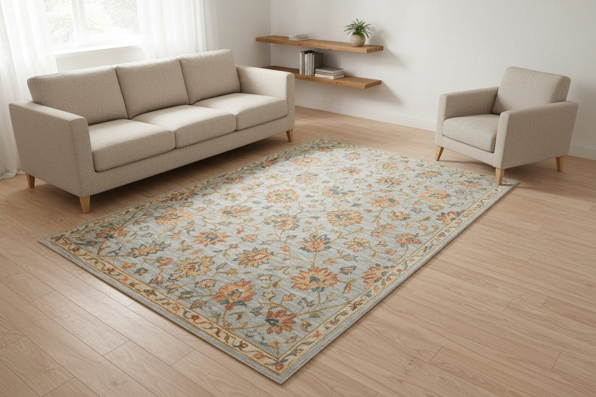 Zephyra Floral Oushak Handmade Soft Blue Area Rug – Modern Classic Persian Style 9170508349589