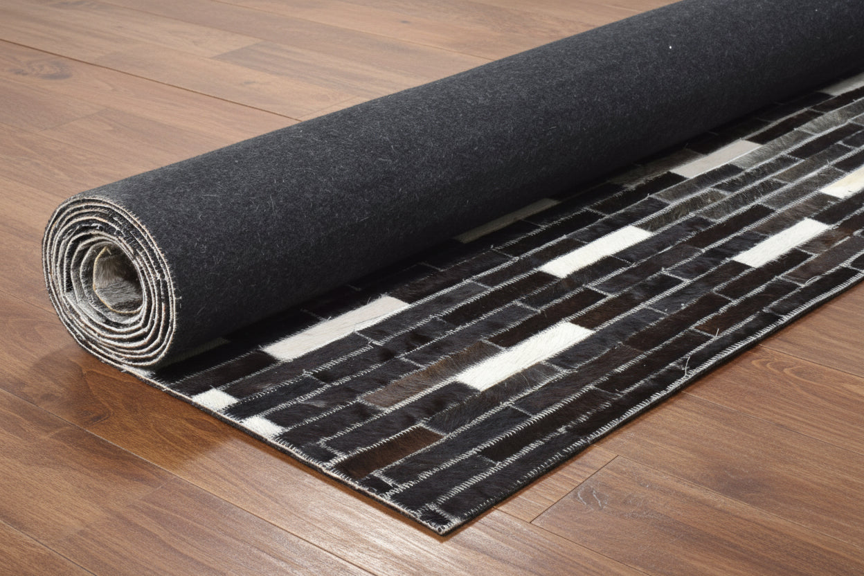 Sallee Handmade Charcoal Black Stripes Leather Rug | Modern Patchwork Cowhide Area Rug