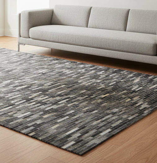 Sallee Handmade Charcoal Black Stripes Leather Rug | Modern Patchwork Cowhide Area Rug