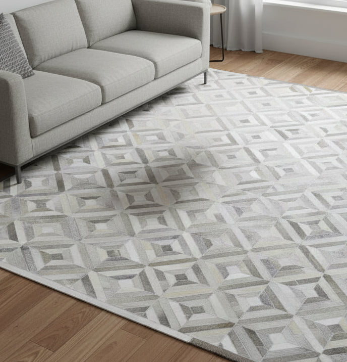 Olivie Handmade Leather Gray Diamond Rug | Modern Patchwork Cowhide Area Rug