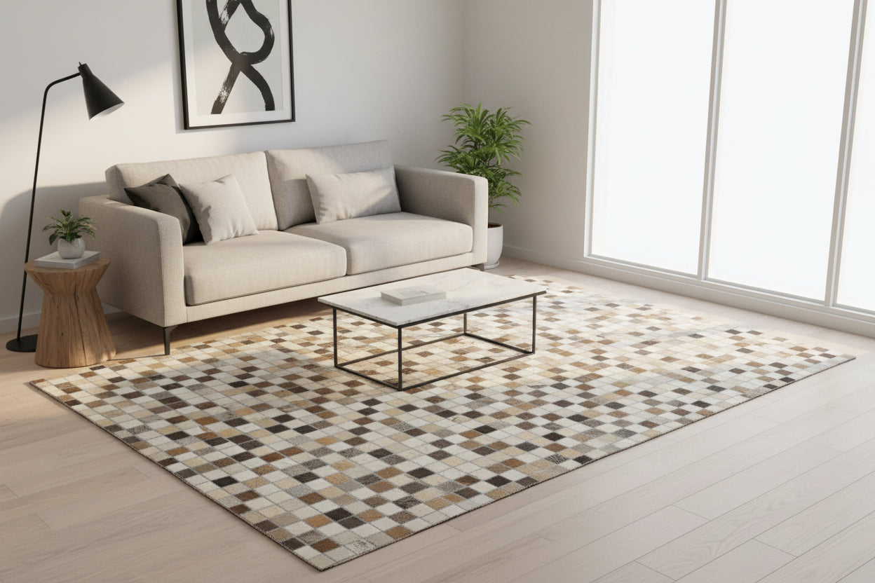 Giselle Handmade Leather Brown Checkerboard Rug | Modern Patchwork Cowhide Area Rug