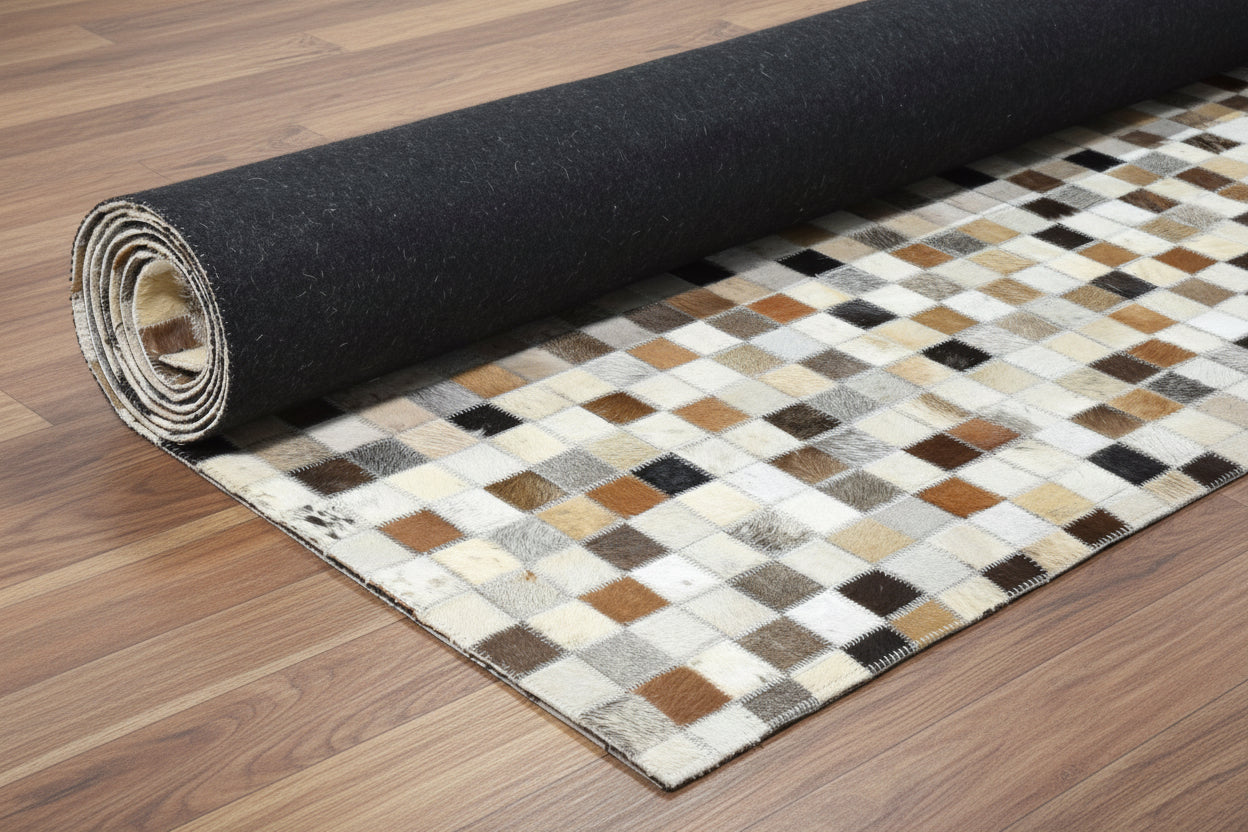 Giselle Handmade Leather Brown Checkerboard Rug | Modern Patchwork Cowhide Area Rug