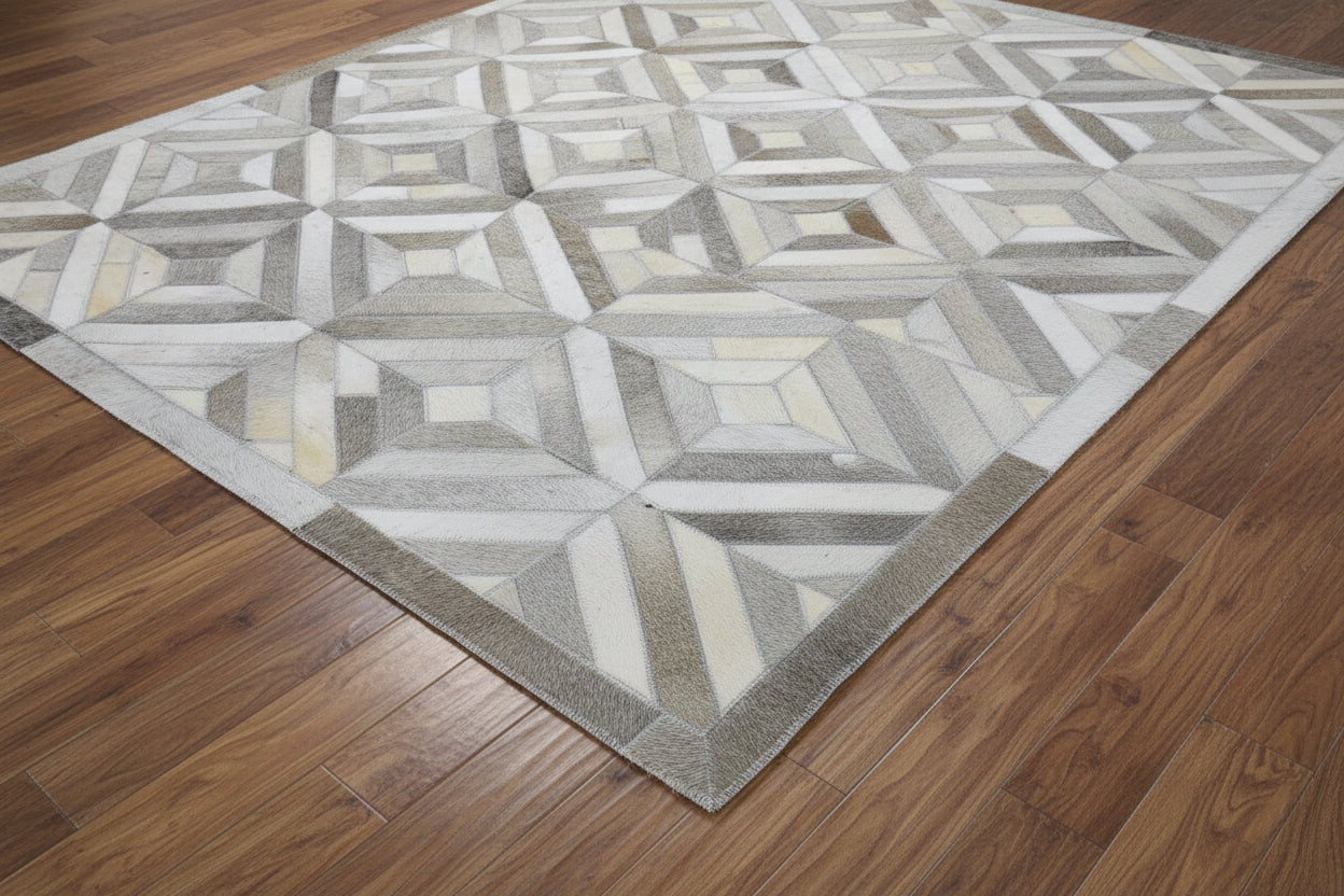 Myra Handmade Gray Leather Diamonds Rug | Modern Patchwork Cowhide Rug
