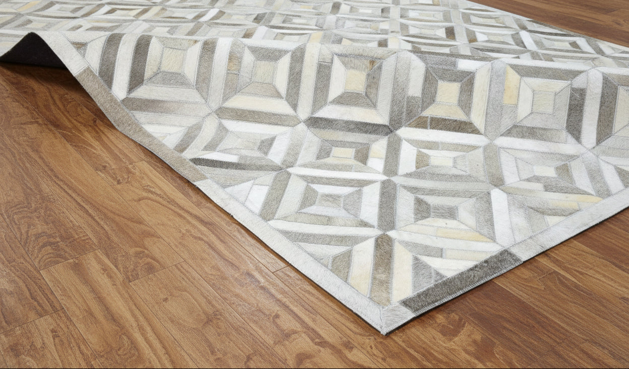 Myra Handmade Gray Leather Diamonds Rug | Modern Patchwork Cowhide Rug