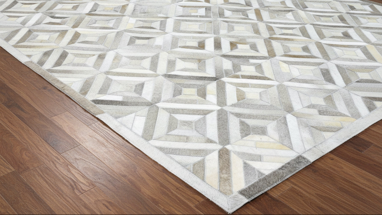 Myra Handmade Gray Leather Diamonds Rug | Modern Patchwork Cowhide Rug