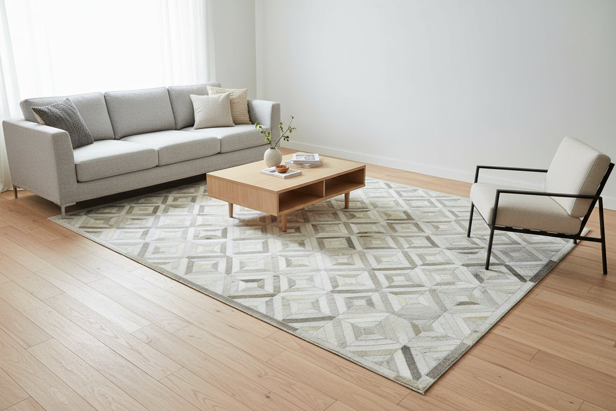 Myra Handmade Gray Leather Diamonds Rug | Modern Patchwork Cowhide Rug
