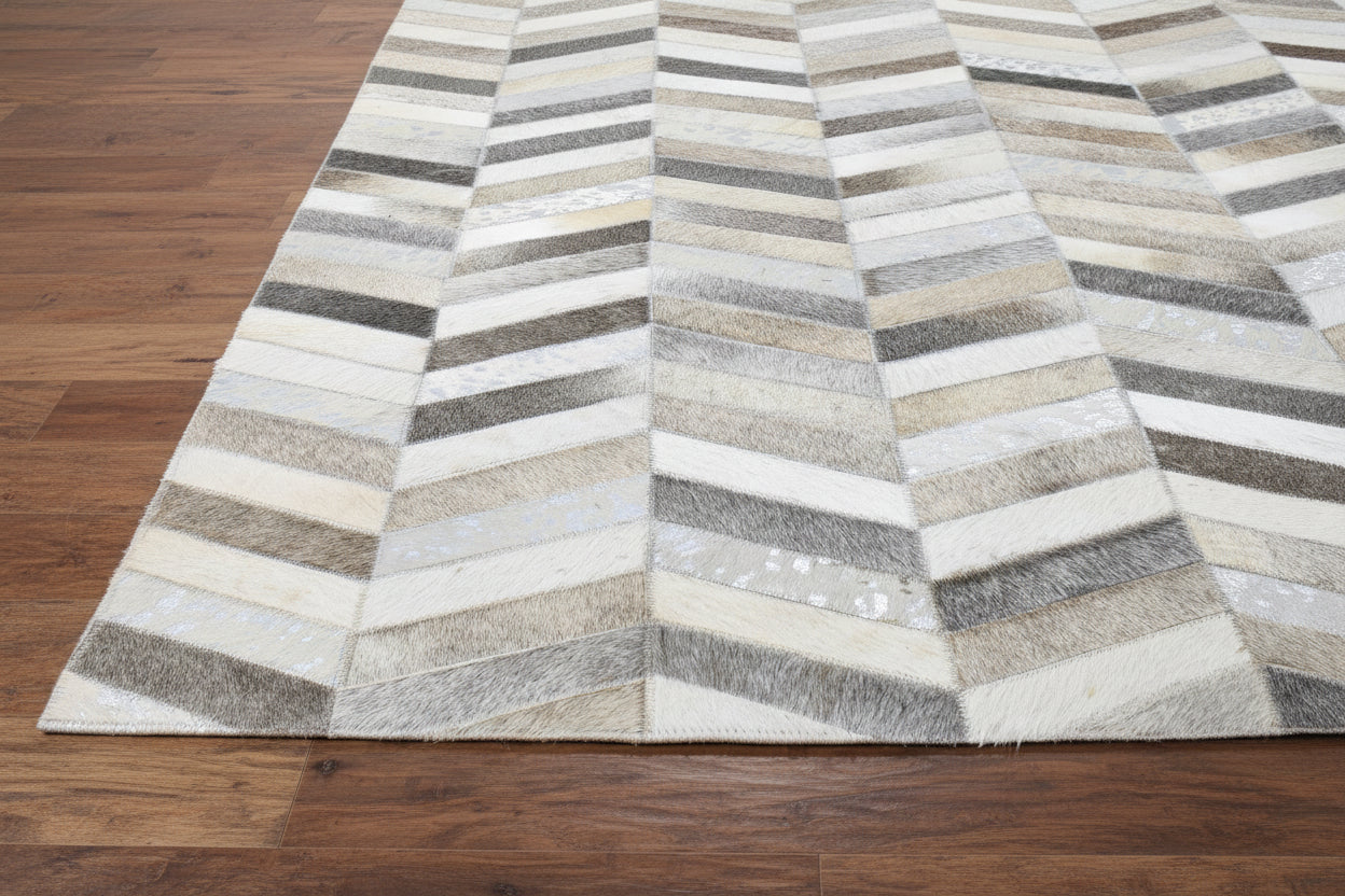 French Chevron Handmade Beige Gray Leather Area Rug | Modern Patchwork Cowhide Rug