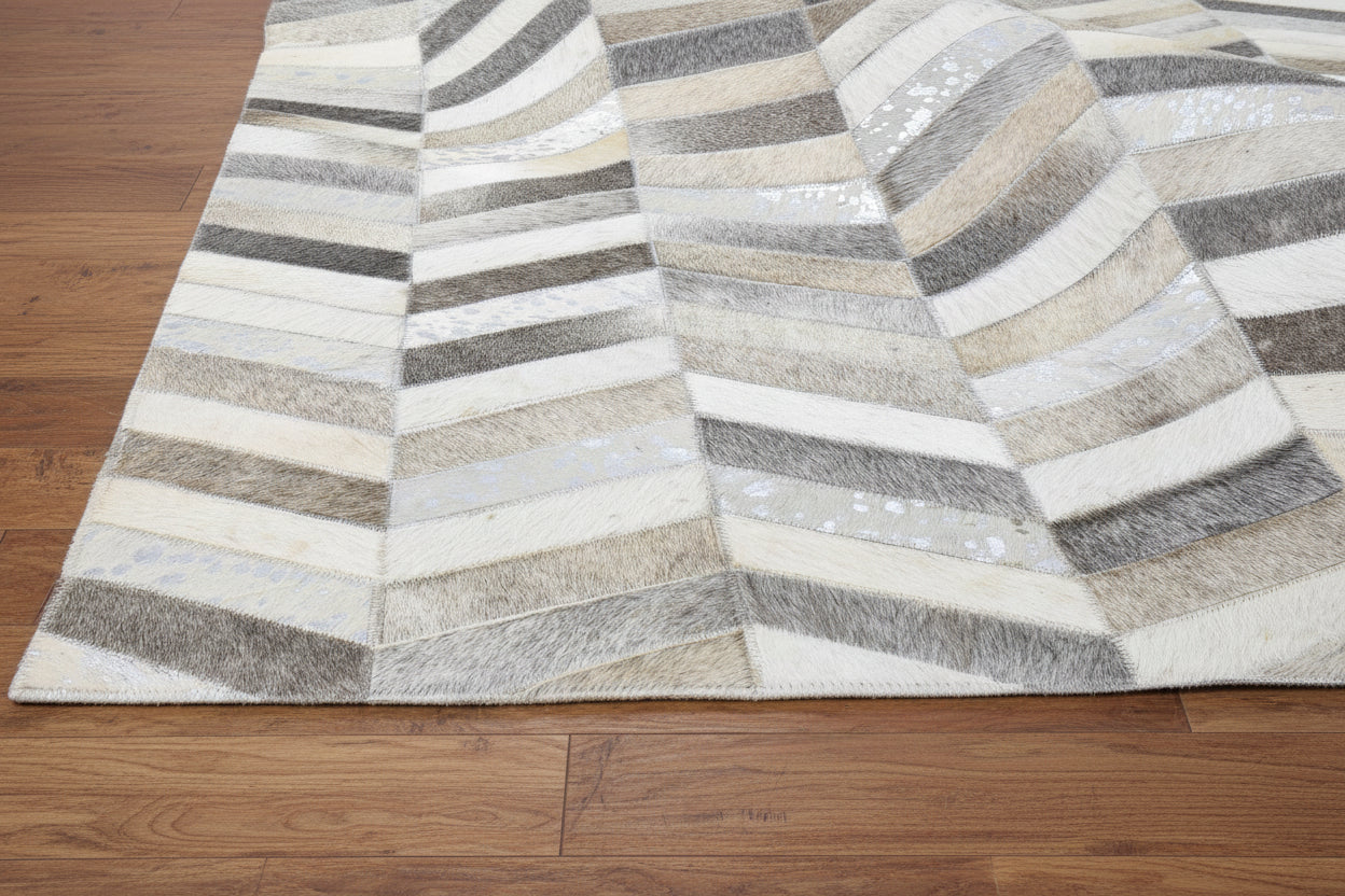 French Chevron Handmade Beige Gray Leather Area Rug | Modern Patchwork Cowhide Rug